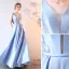 Chic / Beautiful Sky Blue Evening Dresses  2019 A-Line / Princess V-Neck Crystal Lace Flower Sleeveless Bow Floor-Length / Long Formal Dresses