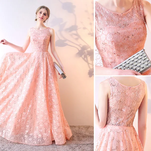 Chic / Belle Perle Rose Robe De Soirée 2019 Princesse Encolure Dégagée Paillettes En Dentelle Fleur Sans Manches Longue Robe De Ceremonie