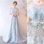 Schöne Himmelblau Abendkleider 2019 A Linie Rundhalsausschnitt Pailletten Strass Spitze Blumen 1/2 Ärmel Rückenfreies Sweep / Pinsel Zug Festliche Kleider