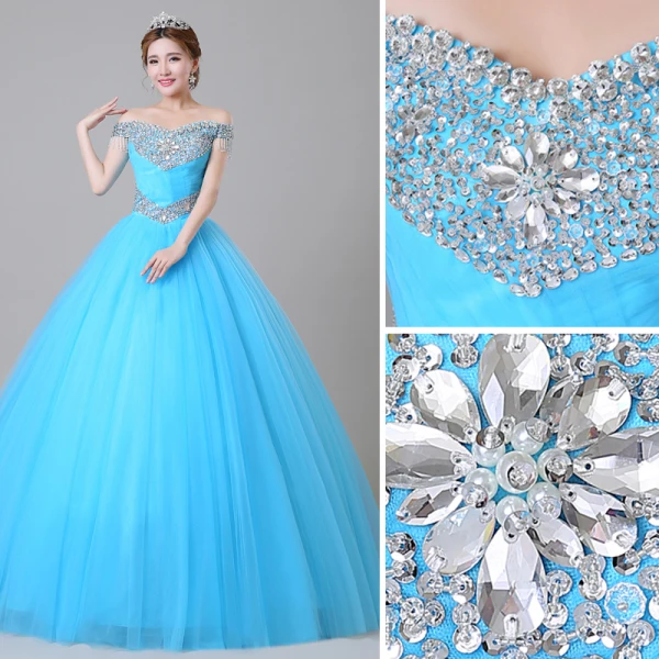 Traditional Pool Blue Prom Dresses 2019 Ball Gown Off-The-Shoulder Crystal Pearl Rhinestone Sequins Short Sleeve Backless Floor-Length / Long Formal Dresses