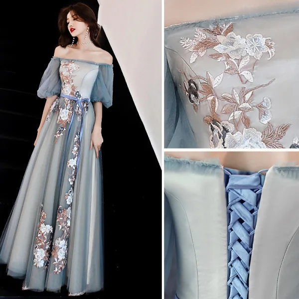 Chic / Beautiful Grey Evening Dresses 2019 A-Line / Princess Off-The-Shoulder Lace Flower Bow Short Sleeve Backless Floor-Length / Long Formal Dresses