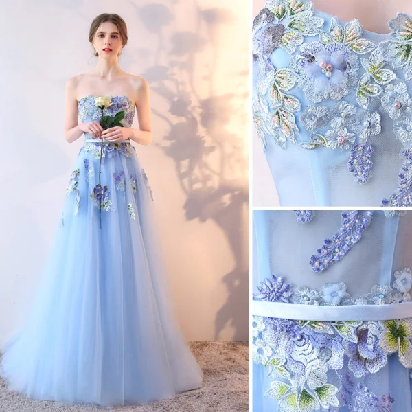 Chic / Belle Bleu Ciel Robe De Soirée 2019 Princesse Bustier Perlage Perle Paillettes Appliques En Dentelle Fleur Sans Manches Dos Nu Longue Robe De Ceremonie