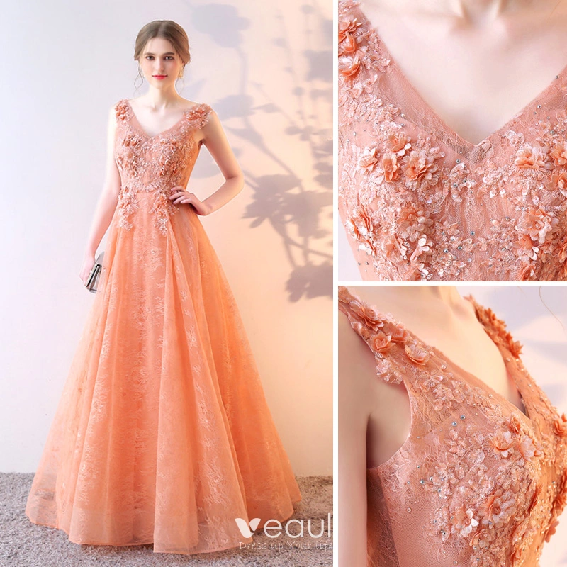 A Line V Neck Orange Lace Long Prom Dress, Orange Lace Formal
