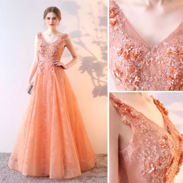 Classy Orange Evening Dresses 2019 A-Line / Princess V-Neck Rhinestone Lace Flower Appliques Sleeveless Backless Floor-Length / Long Formal Dresses