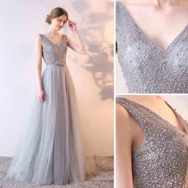 Elegant Grey Evening Dresses 2019 A-Line / Princess V-Neck Bow Pearl Lace Flower Sleeveless Backless Floor-Length / Long Formal Dresses