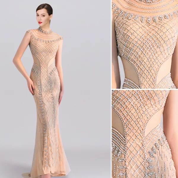 Charmant Champagne Robe De Soirée 2019 Trompette / Sirène Col Haut Fait main Perlage Cristal Sans Manches Longue Robe De Ceremonie
