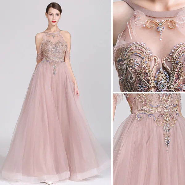Chic / Beautiful Pearl Pink Evening Dresses 2019 A-Line / Princess Scoop Neck Beading Rhinestone Crystal Pearl Sleeveless Backless Floor-Length / Long Formal Dresses