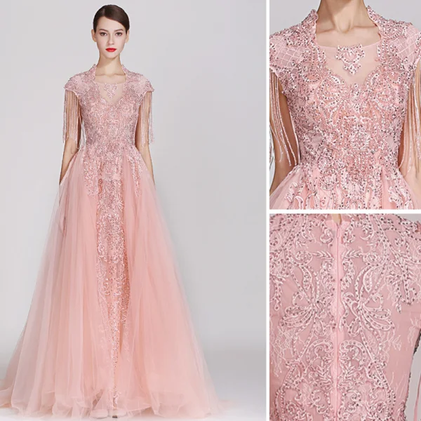 High-end Candy Pink Evening Dresses 2019 A-Line / Princess Square Neckline Handmade Lace Flower Sequins Cap Sleeves Beading Tassel Floor-Length / Long Formal Dresses