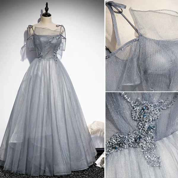 Elegant Grey A-Line / Princess Cocktail Dresses 2018 Lace Flower Scoop Neck Sleeveless Asymmetrical Formal Dresses