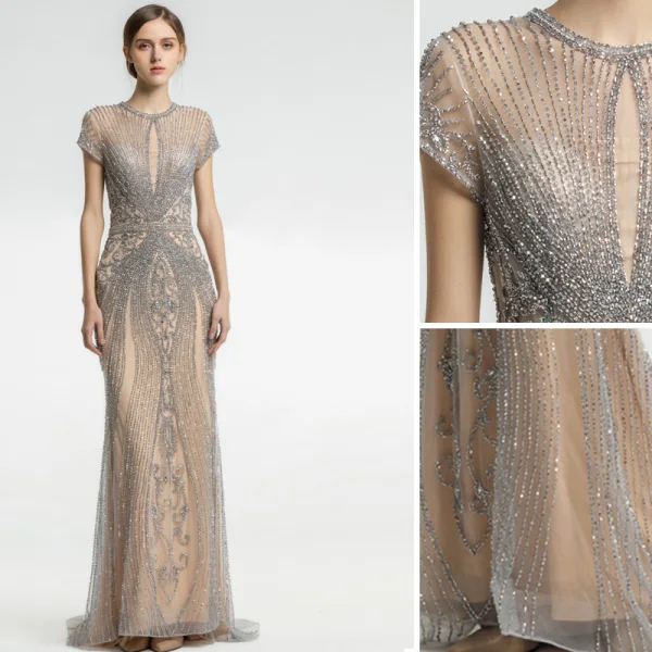 High-end Champagne Evening Dresses 2019 Trumpet / Mermaid Scoop Neck Handmade Beading Crystal Rhinestone Short Sleeve Floor-Length / Long Formal Dresses