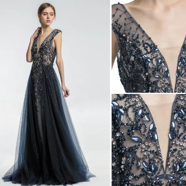 Chic Bleu Marine Robe De Soirée 2019 Princesse V-Cou Fait main Perlage Cristal Faux Diamant Sans Manches Dos Nu Longue Robe De Ceremonie