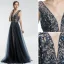 Chic Bleu Marine Robe De Soirée 2019 Princesse V-Cou Fait main Perlage Cristal Faux Diamant Sans Manches Dos Nu Longue Robe De Ceremonie