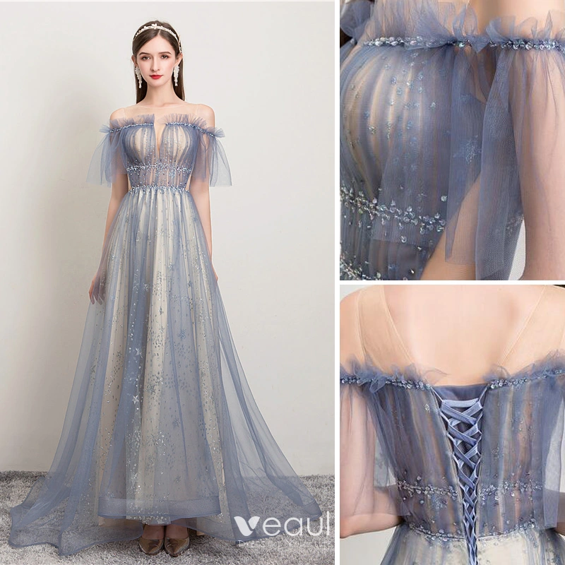 Sky Blue One Shoulder Sleeveless Beads Flower Sweep Train A-Line Formal Evening Gown