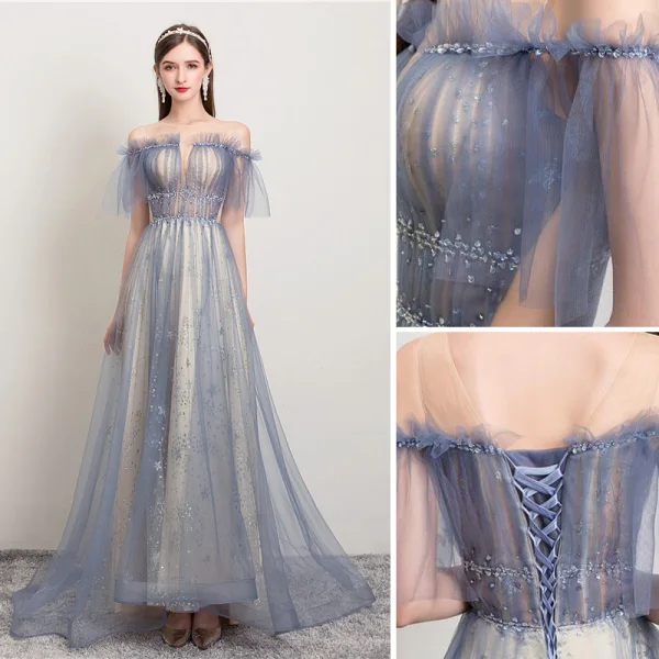 Modern / Fashion Sky Blue Evening Dresses 2019 A-Line / Princess Ruffle Scoop Neck Star Sequins Short Sleeve Backless Sweep Train Formal Dresses