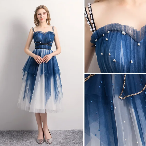Modern / Fashion Navy Blue Homecoming Graduation Dresses 2019 A-Line / Princess Spaghetti Straps Pearl Sleeveless Backless Tea-length Formal Dresses