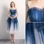 Modern / Fashion Navy Blue Homecoming Graduation Dresses 2019 A-Line / Princess Spaghetti Straps Pearl Sleeveless Backless Tea-length Formal Dresses