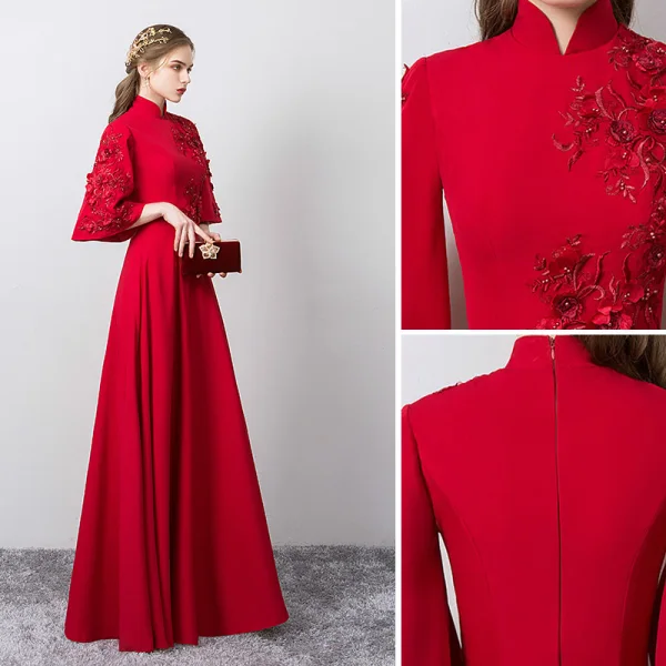 Chinese style Vintage / Retro Burgundy Evening Dresses 2019 A-Line / Princess High Neck 3D Lace Pearl Appliques Bell sleeves Floor-Length / Long Formal Dresses