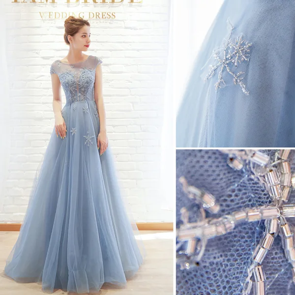 Chic / Beautiful Sky Blue Evening Dresses 2019 A-Line / Princess Scoop Neck Beading Cap Sleeves Floor-Length / Long Formal Dresses