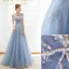 Chic / Beautiful Sky Blue Evening Dresses  2019 A-Line / Princess Scoop Neck Beading Cap Sleeves Floor-Length / Long Formal Dresses