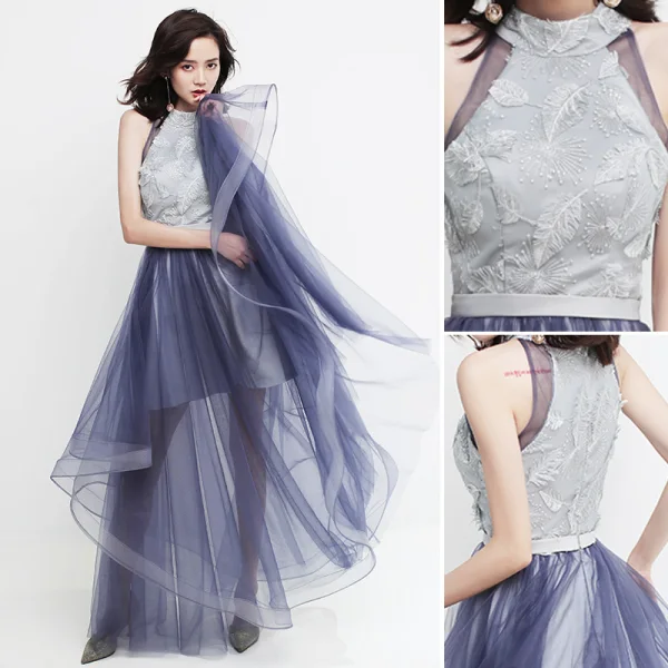Modern / Fashion Silver Grey Evening Dresses  2019 A-Line / Princess Scoop Neck Lace Sleeveless Cascading Ruffles Floor-Length / Long Formal Dresses