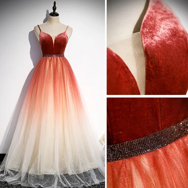 Élégant Été Bleu Robe De Soirée 2018 Princesse Appliques Paillettes Encolure Dégagée Manches Courtes Longue Robe De Ceremonie