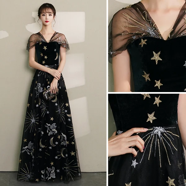 Modern / Fashion Black Evening Dresses  2019 A-Line / Princess V-Neck Lace Star Suede Cap Sleeves Backless Floor-Length / Long Formal Dresses