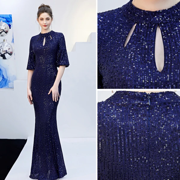 Scintillantes Couleur Unie Champagne Robe De Soirée 2019 Trompette / Sirène Encolure Dégagée Paillettes Ceinture 3/4 Manches Longue Robe De Ceremonie