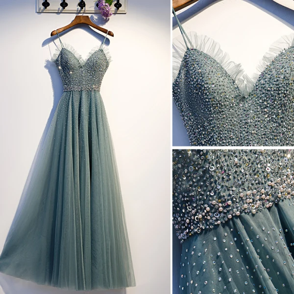 Chic / Beautiful Green Evening Dresses 2019 A-Line / Princess Spaghetti Straps Beading Sequins Rhinestone Sleeveless Backless Floor-Length / Long Formal Dresses