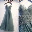 Chic / Beautiful Green Evening Dresses  2019 A-Line / Princess Spaghetti Straps Beading Sequins Rhinestone Sleeveless Backless Floor-Length / Long Formal Dresses