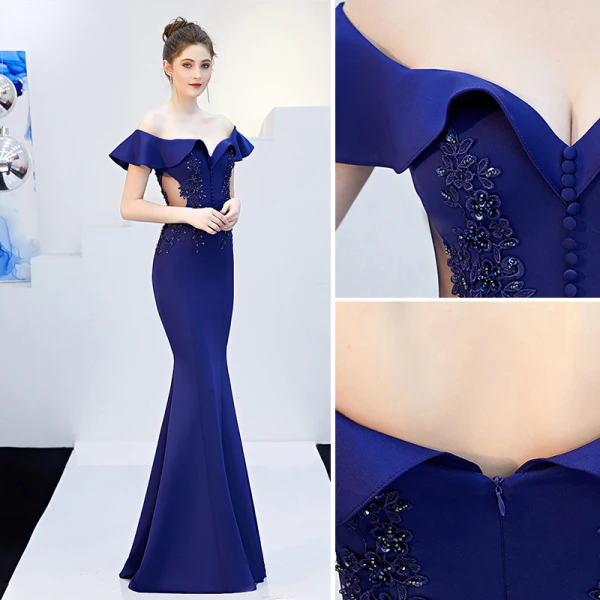Charmant Couleur Unie Bleu Marine Robe De Soirée 2019 Trompette / Sirène De l'épaule Perlage Paillettes En Dentelle Fleur Manches Courtes Dos Nu Longue Robe De Ceremonie