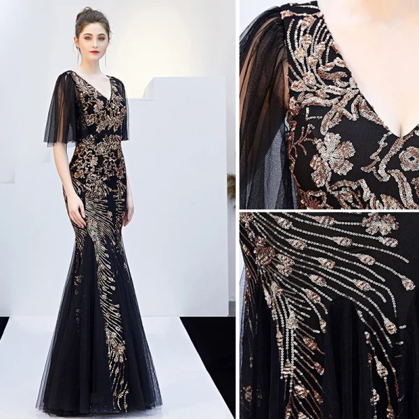 Charming Black Gold Evening Dresses 2019 Trumpet / Mermaid V-Neck Sequins Short Sleeve Backless Floor-Length / Long Formal Dresses