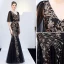 Charming Black Gold Evening Dresses  2019 Trumpet / Mermaid V-Neck Sequins Short Sleeve Backless Floor-Length / Long Formal Dresses