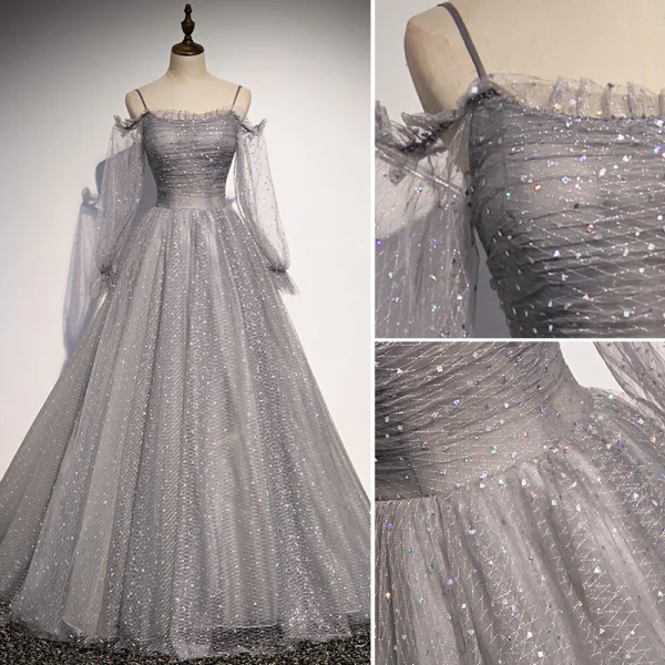 Élégant Gris Paillettes Glitter Robe De Bal Robe De Soirée 2021 Princesse Bretelles Spaghetti Manches Longues Dos Nu Train De Balayage Robe De Ceremonie