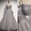 Élégant Gris Paillettes Glitter Robe De Bal Robe De Soirée 2021 Princesse Bretelles Spaghetti Manches Longues Dos Nu Train De Balayage Robe De Ceremonie