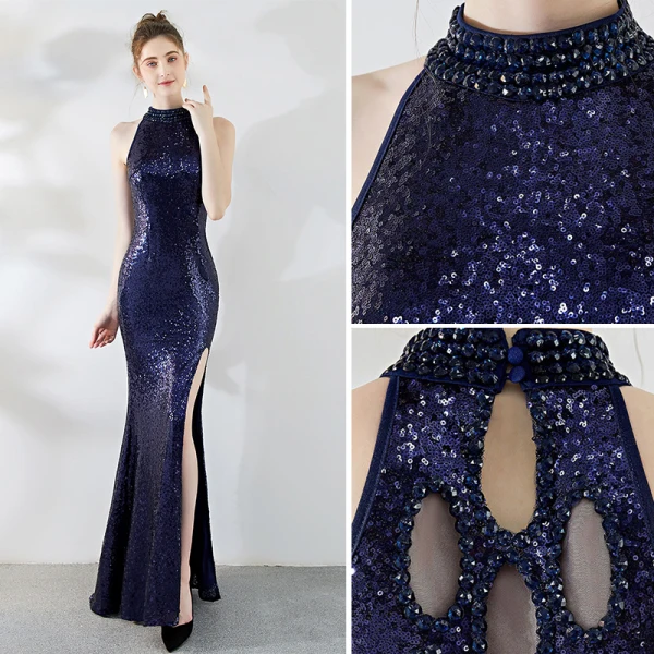 Sexy Bleu Marine Robe De Soirée 2019 Trompette / Sirène Encolure Dégagée Cristal Paillettes Sans Manches Fendue devant Longue Robe De Ceremonie