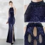 Sexy Bleu Marine Robe De Soirée 2019 Trompette / Sirène Encolure Dégagée Cristal Paillettes Sans Manches Fendue devant Longue Robe De Ceremonie