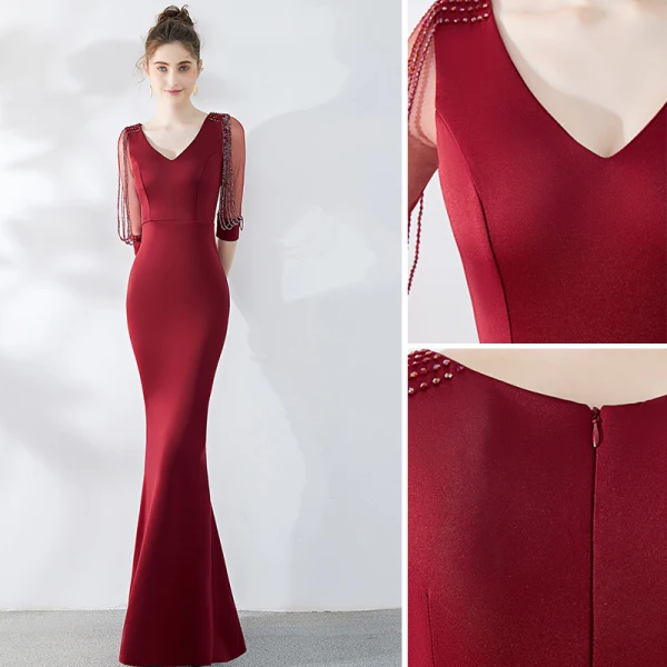 Chic / Beautiful Solid Color Burgundy Evening Dresses 2019 Trumpet / Mermaid V-Neck Beading Tassel 3/4 Sleeve Floor-Length / Long Formal Dresses
