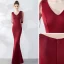 Chic / Beautiful Solid Color Burgundy Evening Dresses  2019 Trumpet / Mermaid V-Neck Beading Tassel 3/4 Sleeve Floor-Length / Long Formal Dresses
