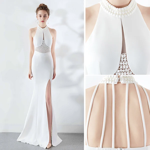 Sexy Black Evening Dresses 2019 Trumpet / Mermaid Halter Beading Pearl Sleeveless Backless Floor-Length / Long Formal Dresses