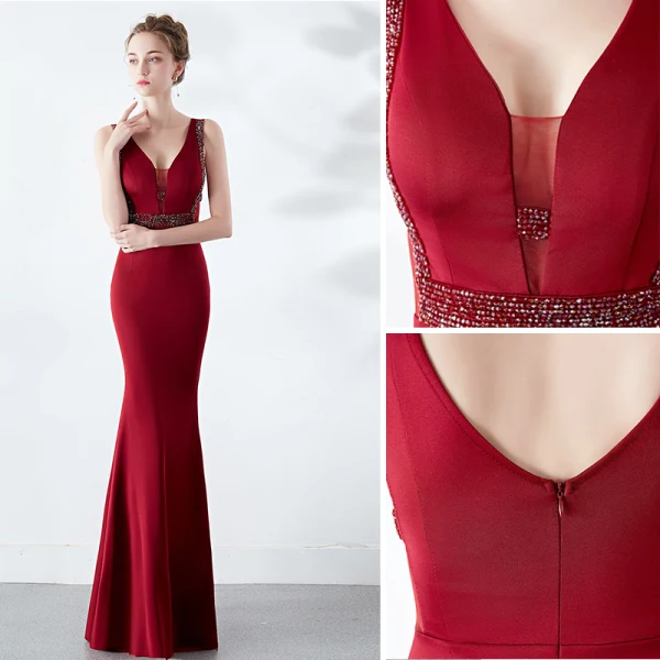 Chic / Beautiful Solid Color Burgundy Evening Dresses 2019 Trumpet / Mermaid V-Neck Beading Crystal Sleeveless Backless Floor-Length / Long Formal Dresses