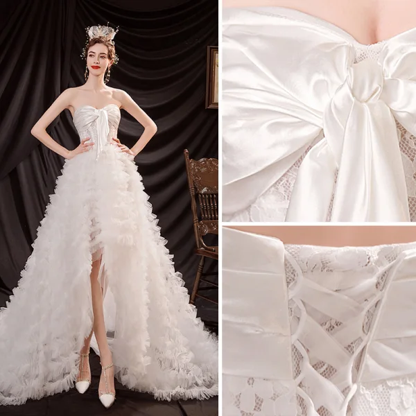 Sexy Ivory Ruffle Asymmetrical Wedding Dresses 2021 A-Line / Princess Satin Strapless Sleeveless Wedding