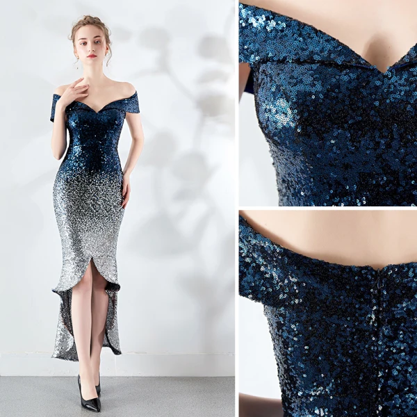 Scintillantes Bordeaux Robe De Soirée 2019 De l'épaule Paillettes Manches Courtes Dos Nu Asymétrique Robe De Ceremonie