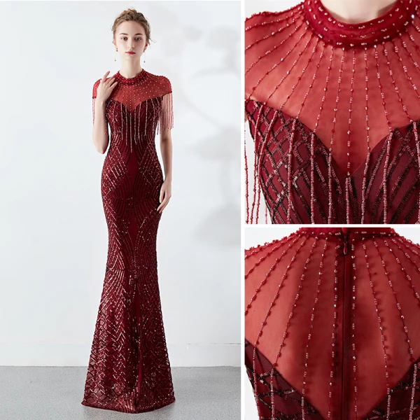 Chic / Beautiful Burgundy Evening Dresses 2019 Trumpet / Mermaid High Neck Beading Tassel Crystal Sequins Short Sleeve Floor-Length / Long Formal Dresses