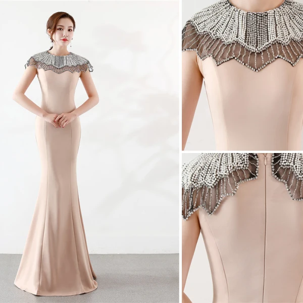Élégant Champagne Robe De Soirée 2019 Trompette / Sirène Encolure Dégagée Perlage Perle Faux Diamant Sans Manches Longue Robe De Ceremonie