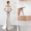 Chic / Belle Couleur Unie Ivoire Robe De Soirée 2019 Trompette / Sirène De l'épaule Faux Diamant En Dentelle Fleur Manches Courtes Dos Nu Fendue devant Longue Robe De Ceremonie