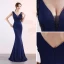 Chic / Belle Bleu Marine Robe De Soirée 2019 Trompette / Sirène V-Cou Perlage Cristal Sans Manches Dos Nu Longue Robe De Ceremonie