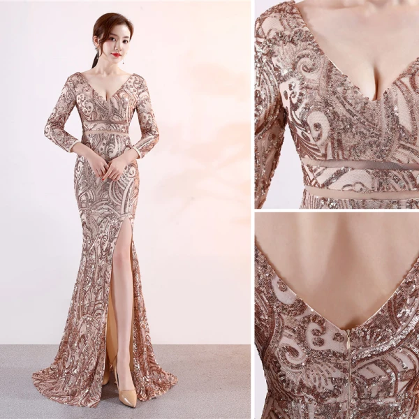Charmant Doré Robe De Soirée 2019 Trompette / Sirène V-Cou Paillettes 3/4 Manches Dos Nu Fendue devant Longue Robe De Ceremonie