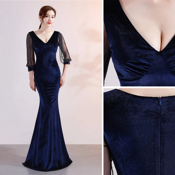Chic Couleur Unie Bleu Marine Robe De Soirée 2019 Trompette / Sirène Daim V-Cou Perlage Gland 3/4 Manches Longue Robe De Ceremonie