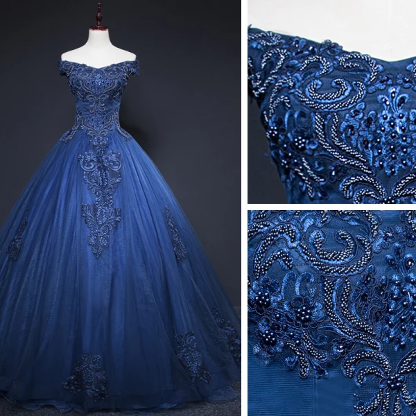 Vintage / Retro Navy Blue Prom Dresses 2019 A-Line / Princess Off-The-Shoulder Beading Crystal Lace Flower Sleeveless Backless Floor-Length / Long Formal Dresses