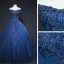 Vintage / Retro Navy Blue Prom Dresses 2019 A-Line / Princess Off-The-Shoulder Beading Crystal Lace Flower Sleeveless Backless Floor-Length / Long Formal Dresses